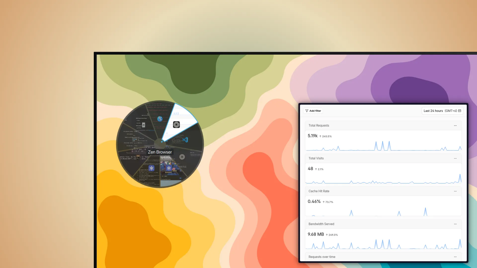 Circular Alt+Tab switcher open on a KDE Plasma desktop, windows arranged as pie slices around the cursor