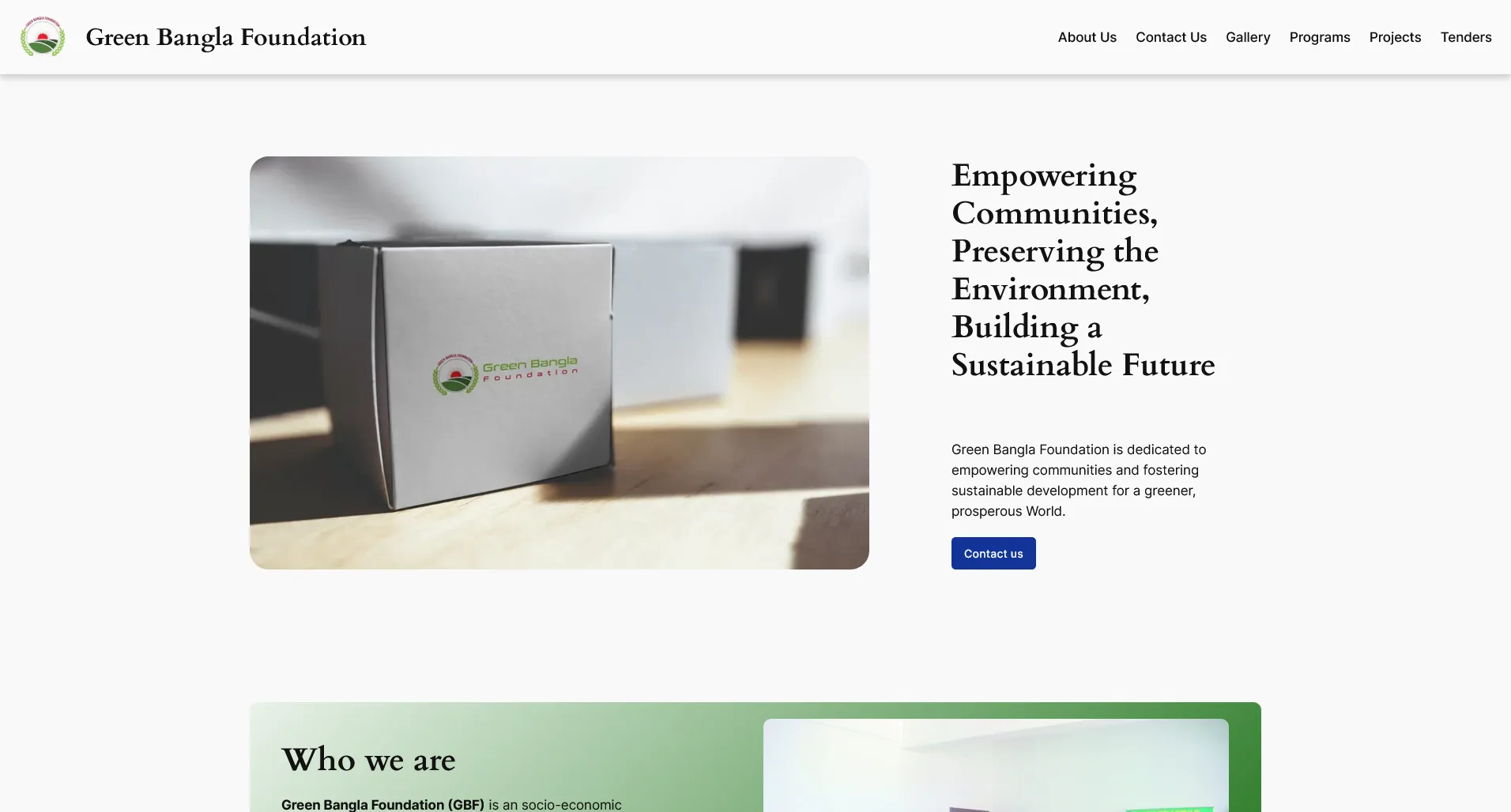 Green Bangla Foundation homepage: navigation, headline and hero image