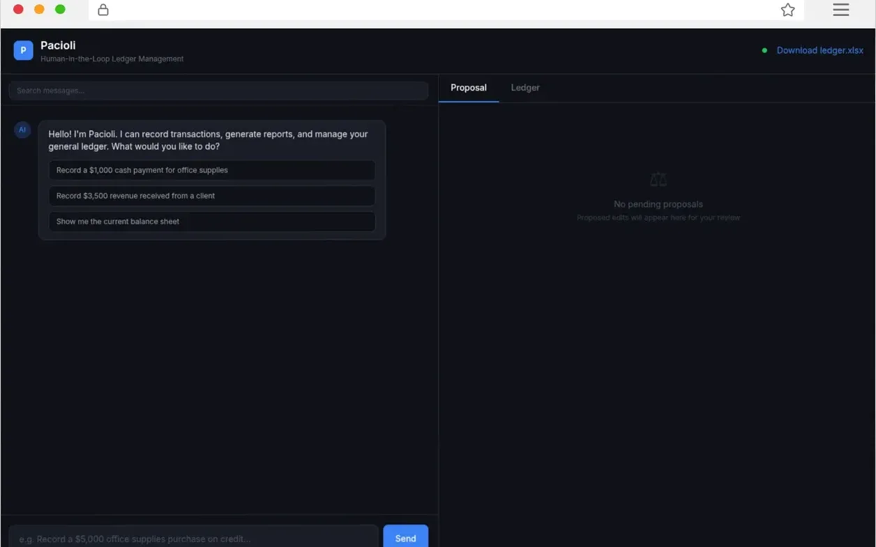 Pacioli in a browser: the chat on the left, the proposals and ledger tabs on the right
